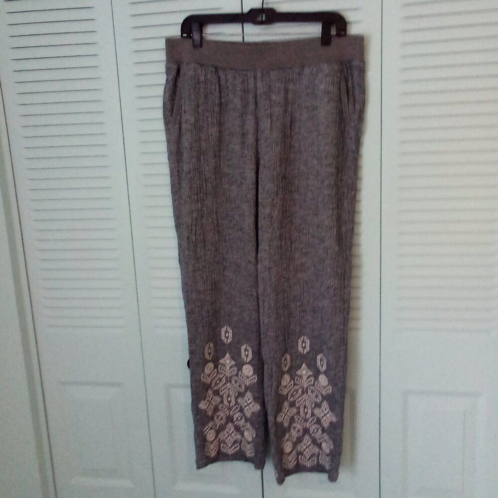 SOFT SURROUNDINGS GRAY GAUZE COTTON/LINEN EMBROIDERED PULL-ON PANTS LARGE BOHO